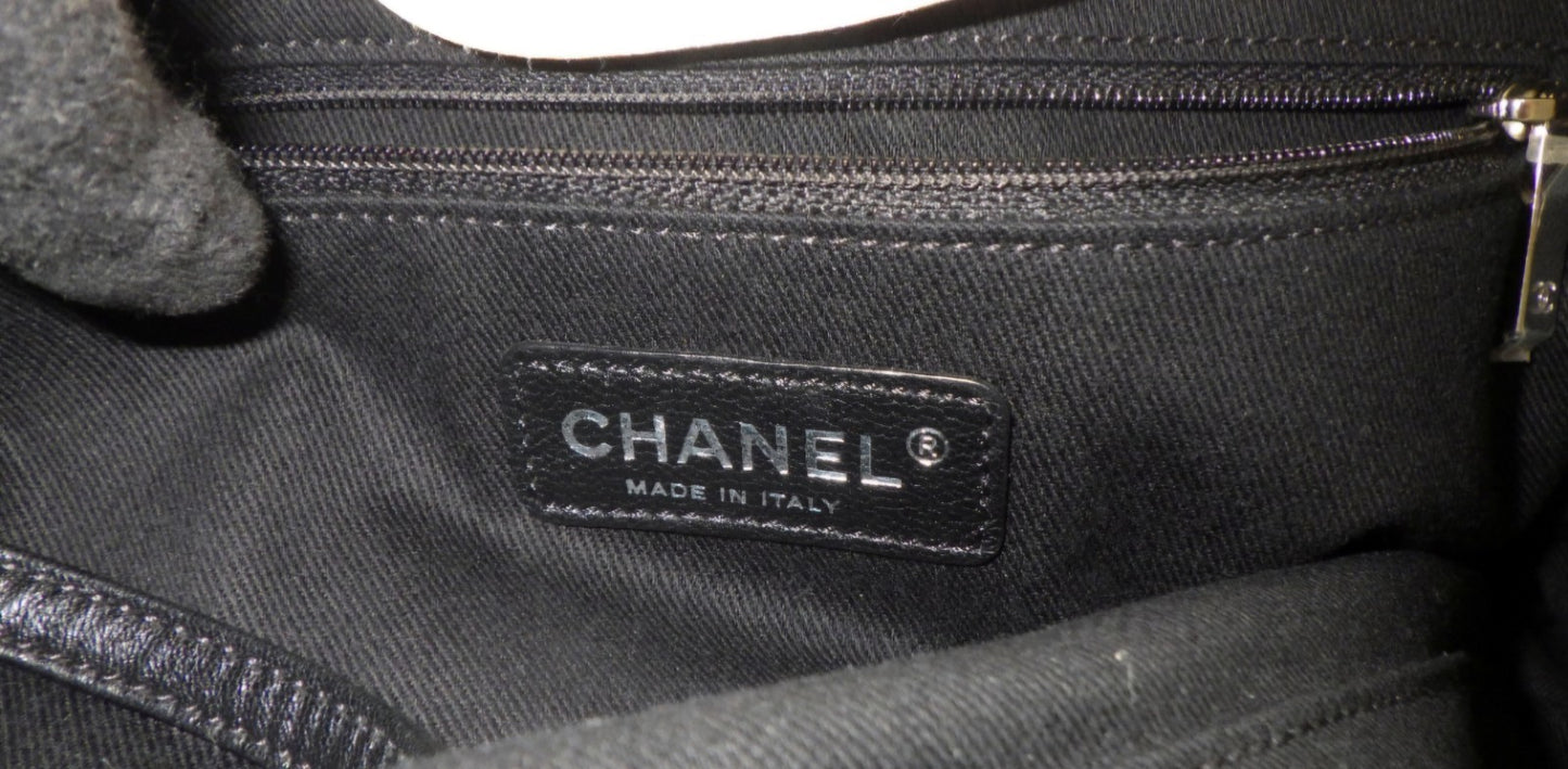 Auth CHANEL Paris Biarritz Tote Black Beige Coated Canvas Leather Handbag