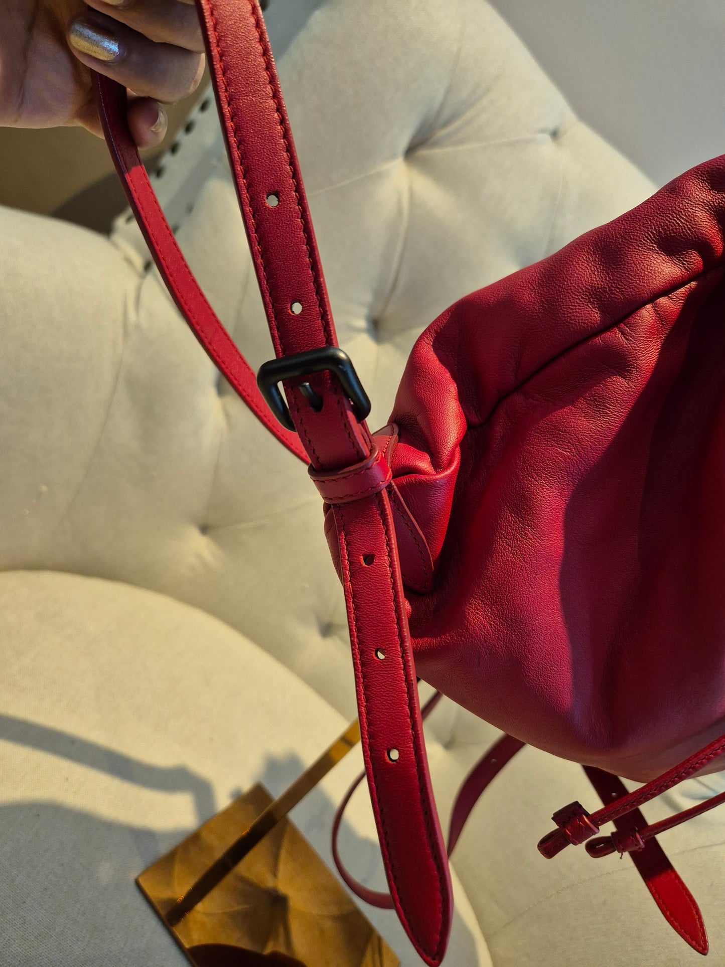 Bottega Veneta Red Leather Intrecciato Flap Drawstring Backpack