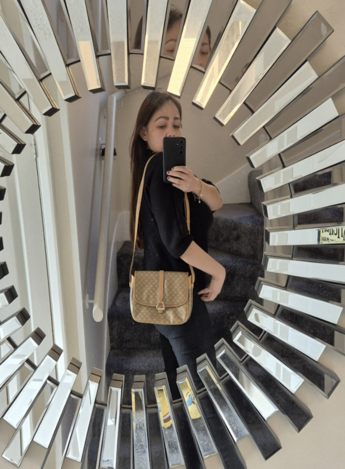 Celine Macadam Canvas Shoulder Bag PvC Beige Gold Womens