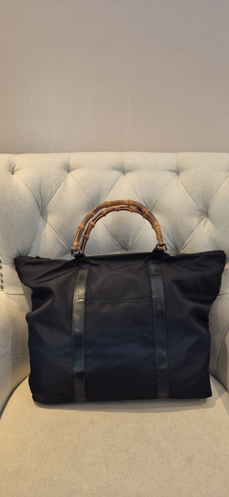 GUCCI Bamboo Tote Bag Nylon Leather Black Large Size Travel Bag