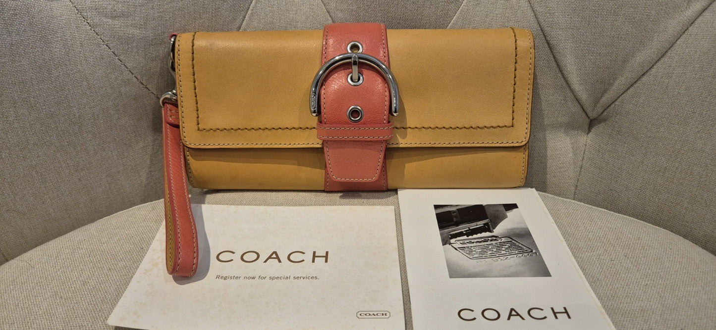 Authentic Coach Leather Buckle Wristlet Wallet Brown