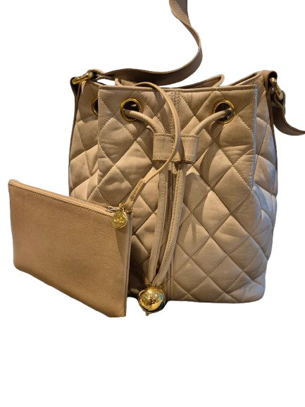 CHANEL beige quilted lamb leather hobo bucket shoulder bag with CC golden drawstrings and pouch
