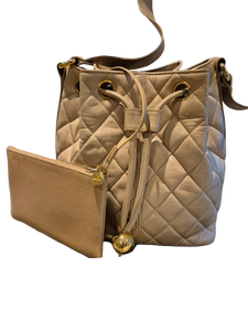 CHANEL beige quilted lamb leather hobo bucket shoulder bag with CC golden drawstrings and pouch