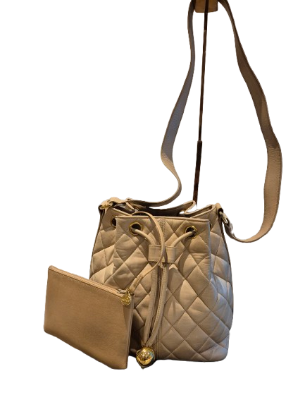 CHANEL beige quilted lamb leather hobo bucket shoulder bag with CC golden drawstrings and pouch