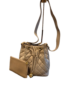 CHANEL beige quilted lamb leather hobo bucket shoulder bag with CC golden drawstrings and pouch