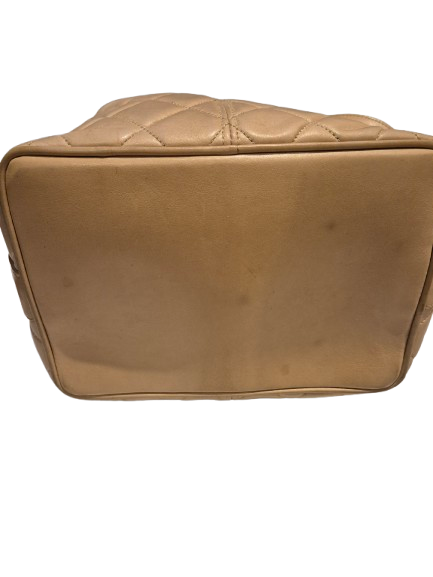 CHANEL beige quilted lamb leather hobo bucket shoulder bag with CC golden drawstrings and pouch