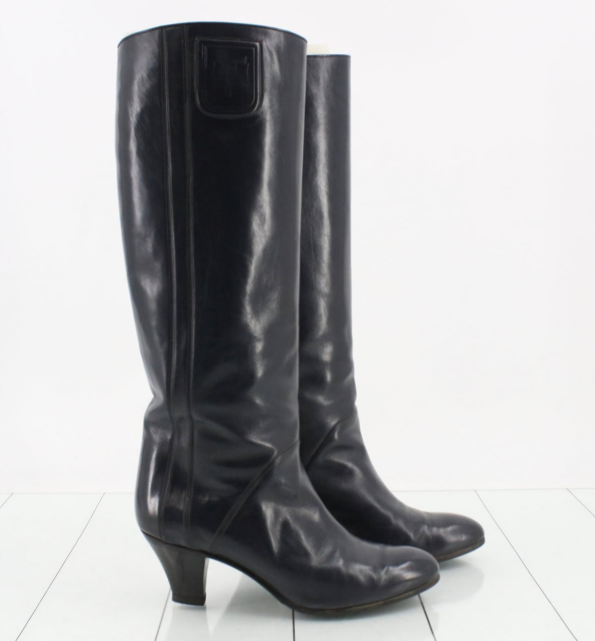 Vintage Gucci Black Smooth Leather Curved Heel Knee-High Boots Tom Ford Era Pre-owned