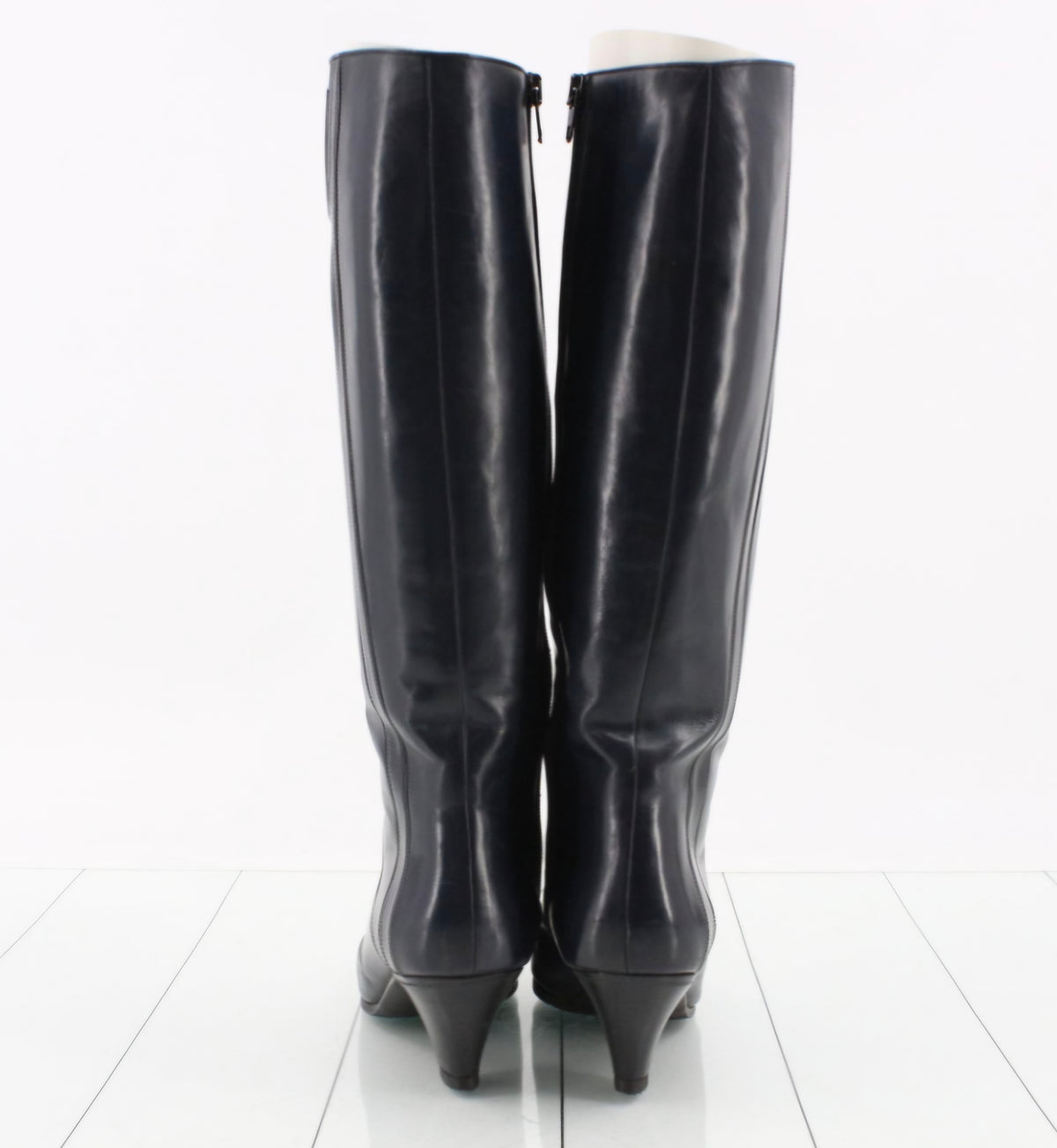Vintage Gucci Black Smooth Leather Curved Heel Knee-High Boots Tom Ford Era Pre-owned