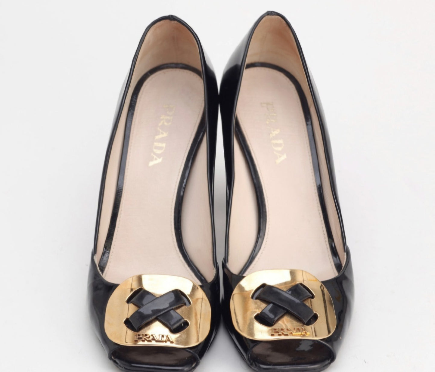 Prada Black Patent Button Block Heel Peep Toe Pumps Size 36.5