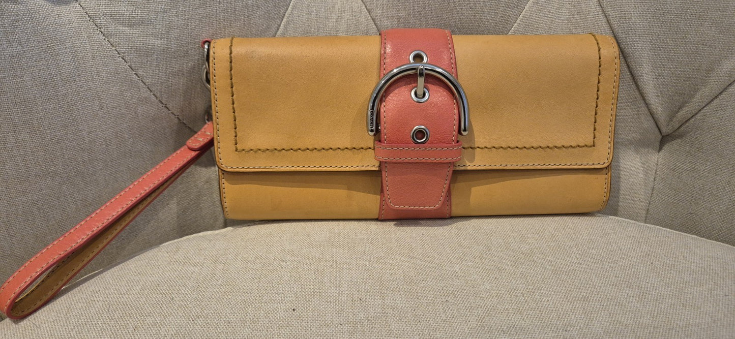 Authentic Coach Leather Buckle Wristlet Wallet Brown