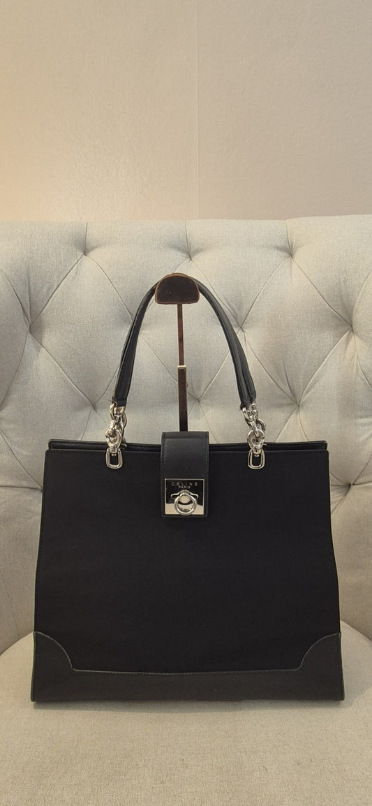 Authentic Celine Vintage Canvass Leather Handbag/ Shoulder Bag