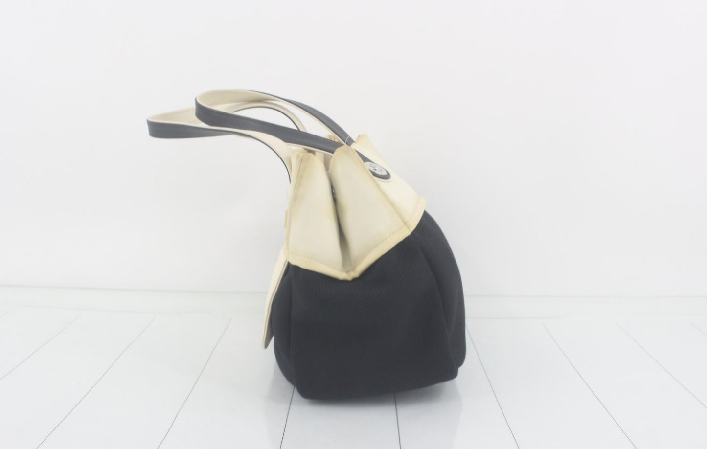 Auth CHANEL Paris Biarritz Tote Black  Beige Coated Canvas Leather Handbag