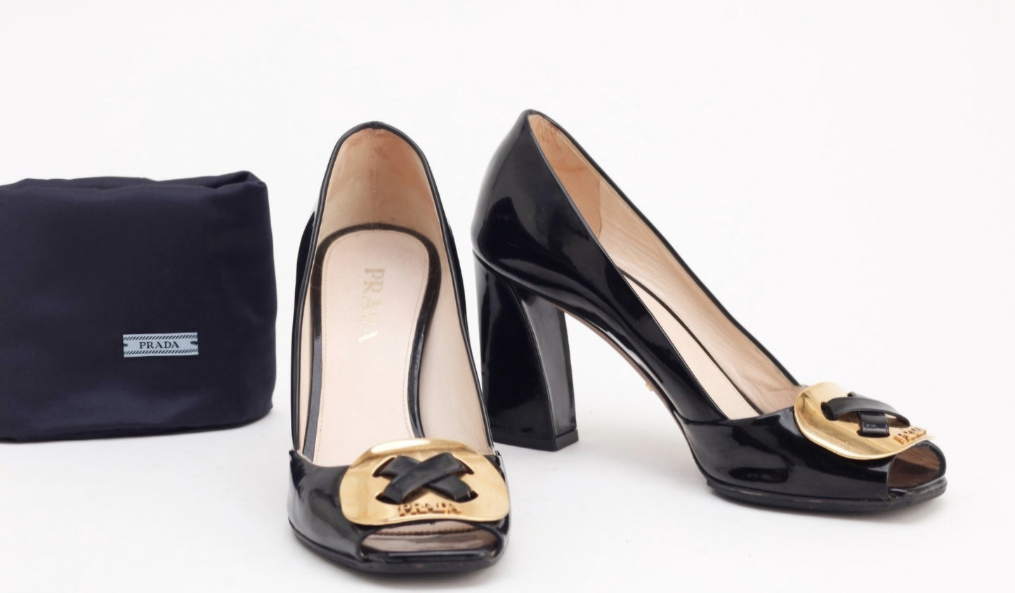 Prada Black Patent Button Block Heel Peep Toe Pumps Size 36.5