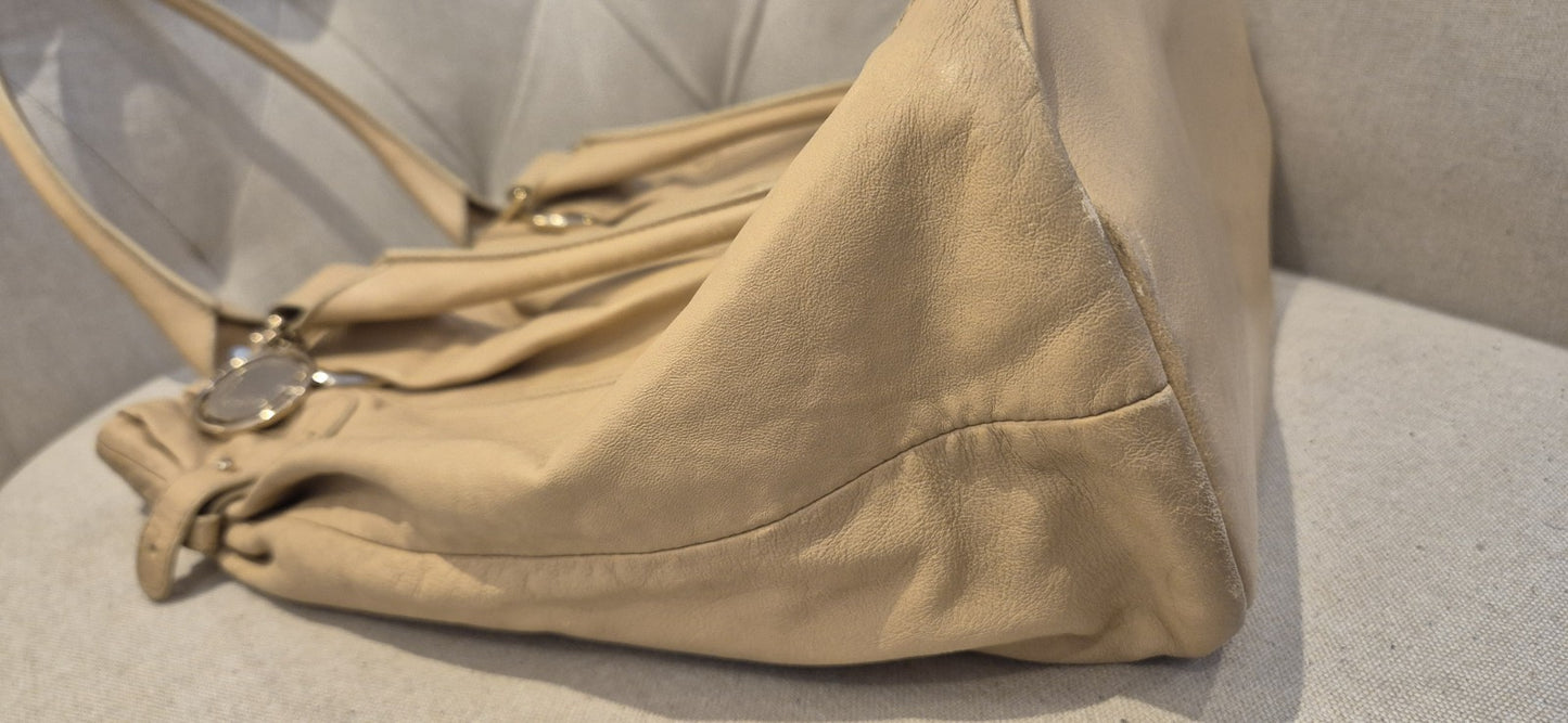 Authentic Pre Loved CELINE pleated Leather Tote Shoulder Bag Beige
