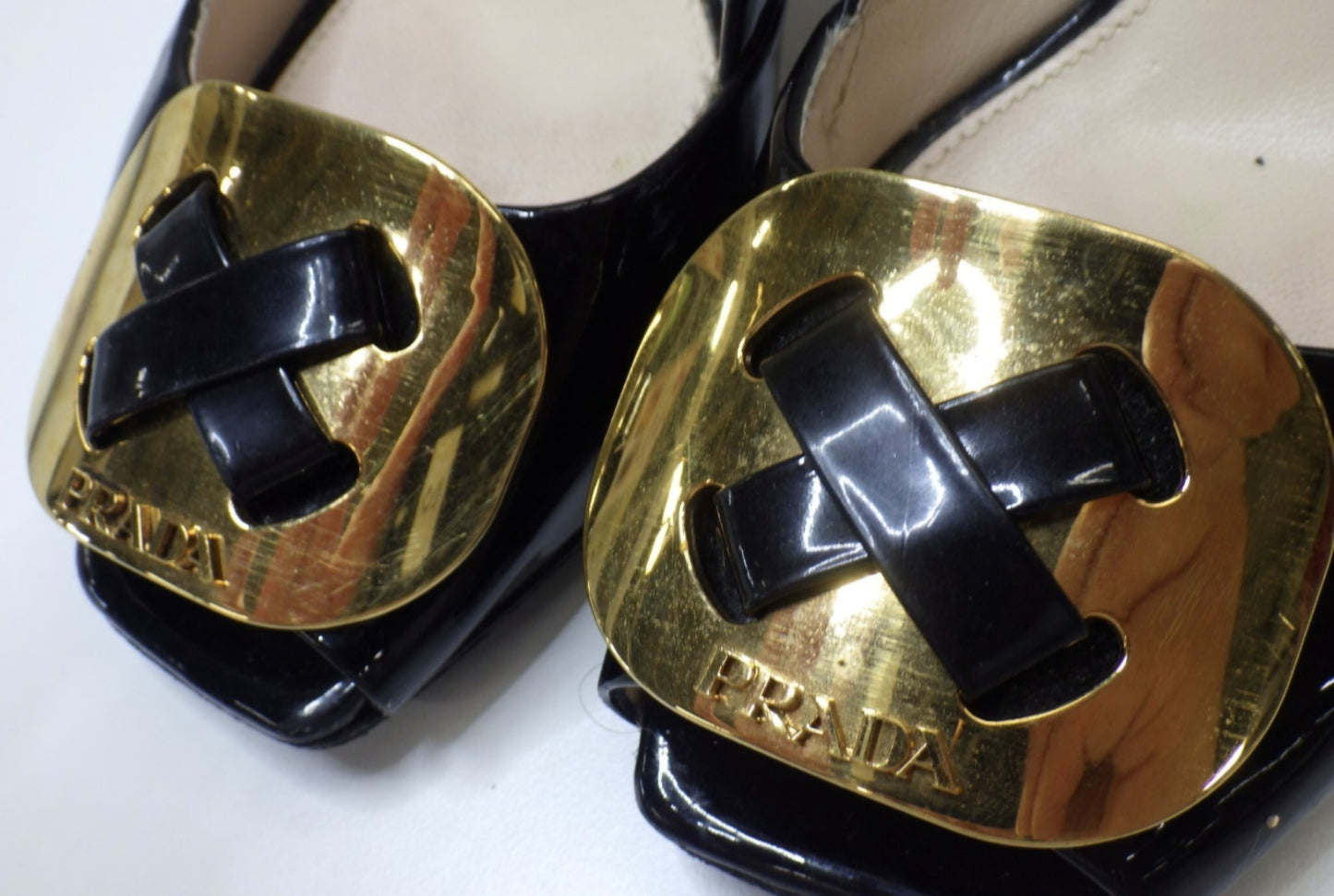 Prada Black Patent Button Block Heel Peep Toe Pumps Size 36.5