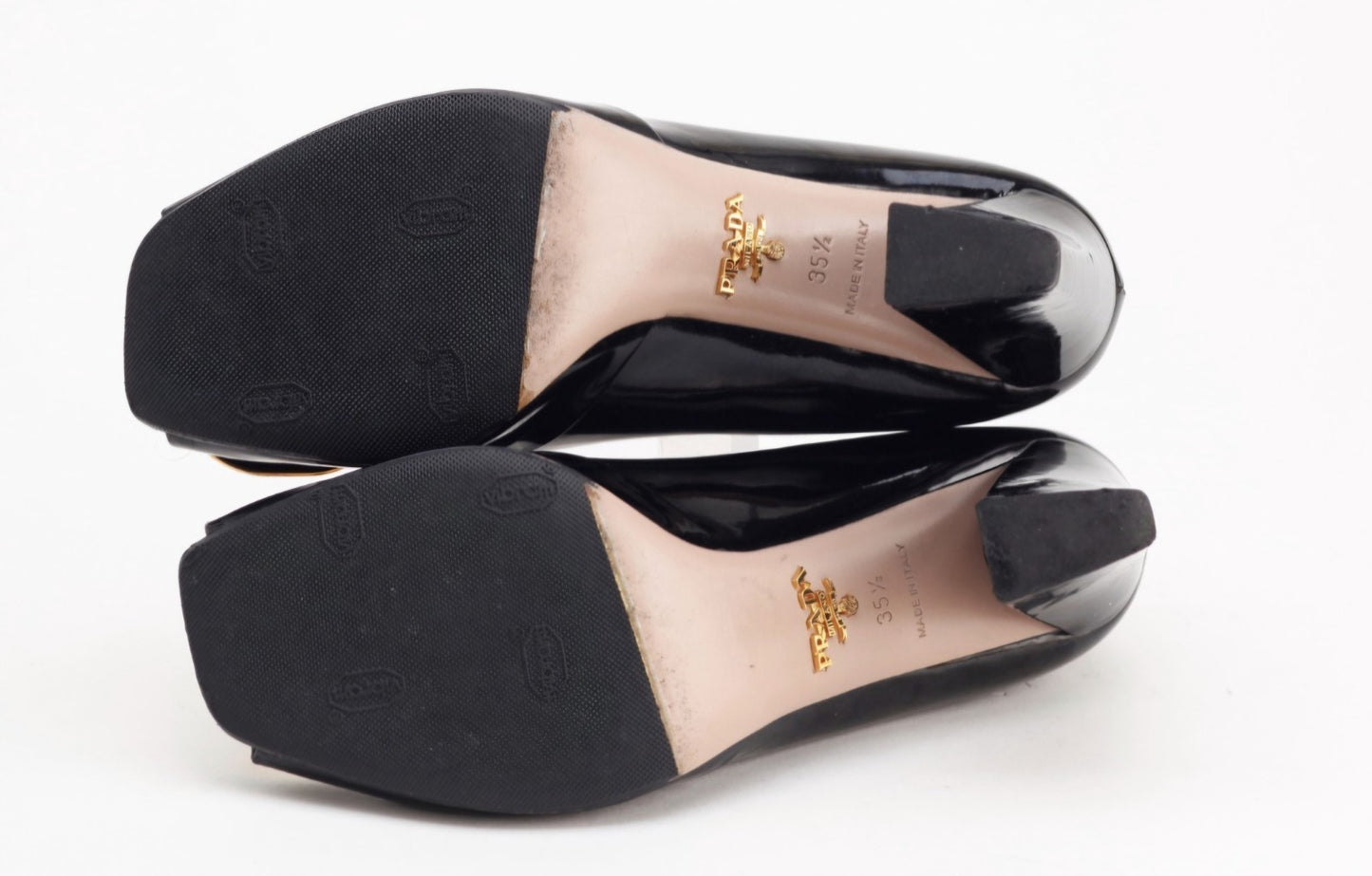 Prada Black Patent Button Block Heel Peep Toe Pumps Size 36.5