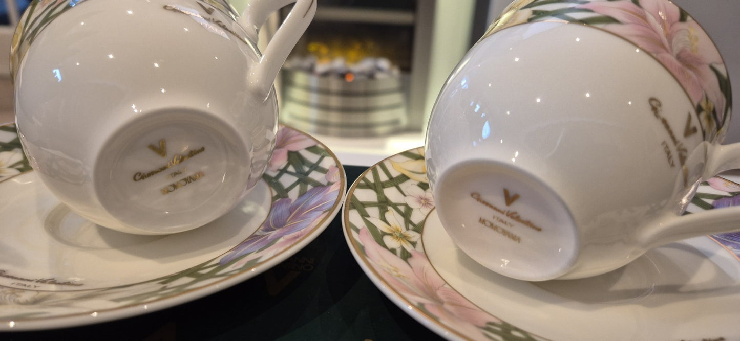 Giovanni Valentino Italy 2 Pairs of Porcelain Cup and Saucer Set In Box Unused