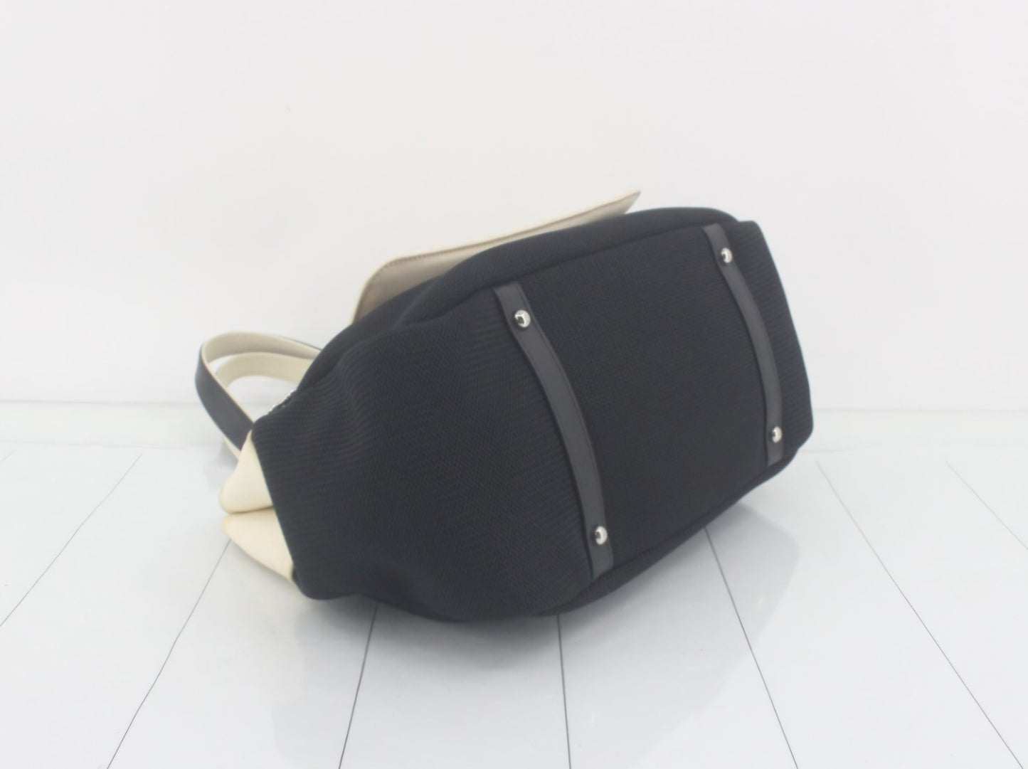 Auth CHANEL Paris Biarritz Tote Black  Beige Coated Canvas Leather Handbag