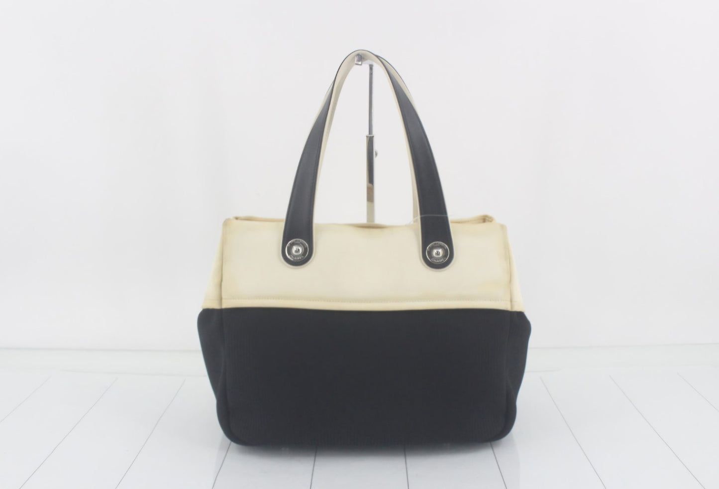 Auth CHANEL Paris Biarritz Tote Black  Beige Coated Canvas Leather Handbag