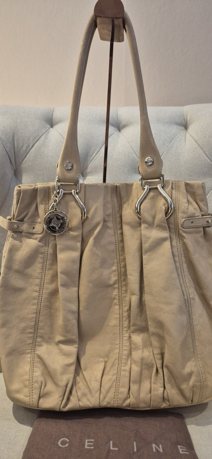 Authentic Pre Loved CELINE pleated Leather Tote Shoulder Bag Beige
