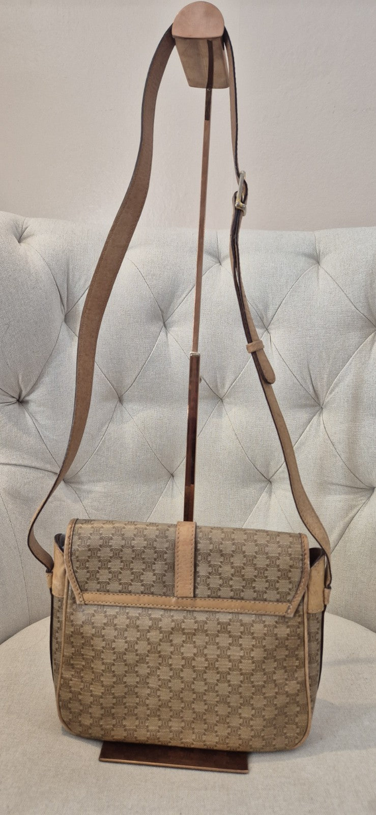 Celine Macadam Canvas Shoulder Bag PvC Beige Gold Womens