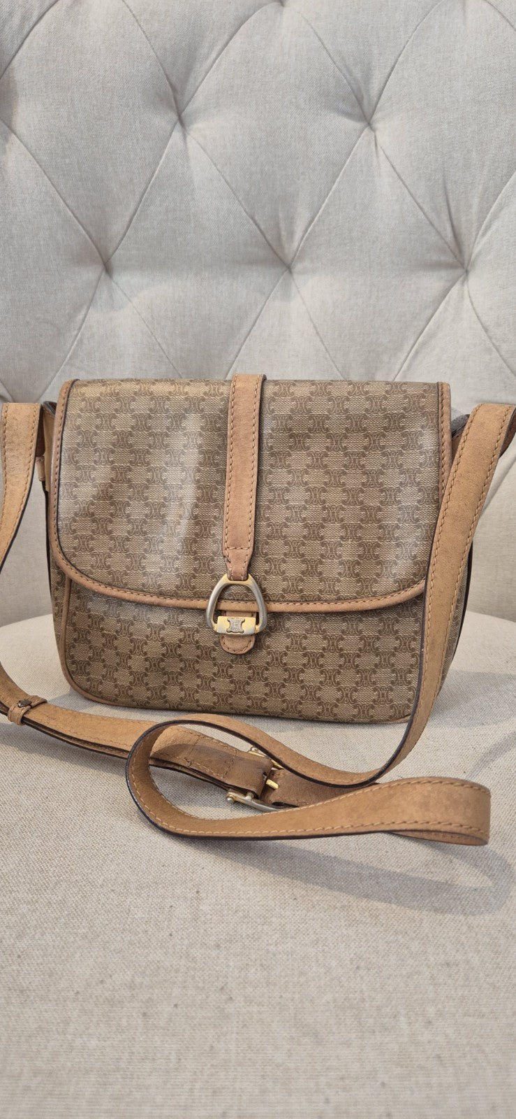 Celine Macadam Canvas Shoulder Bag PvC Beige Gold Womens