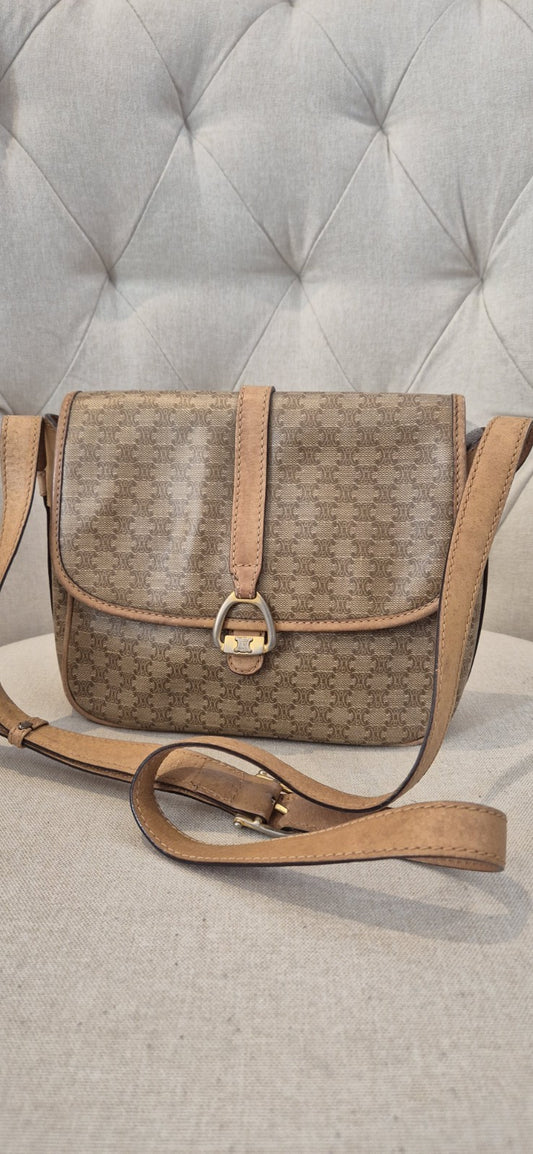 Celine Macadam Canvas Shoulder Bag PvC Beige Gold Womens