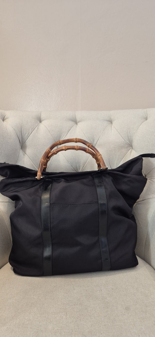 GUCCI Bamboo Tote Bag Nylon Leather Black Large Size Travel Bag