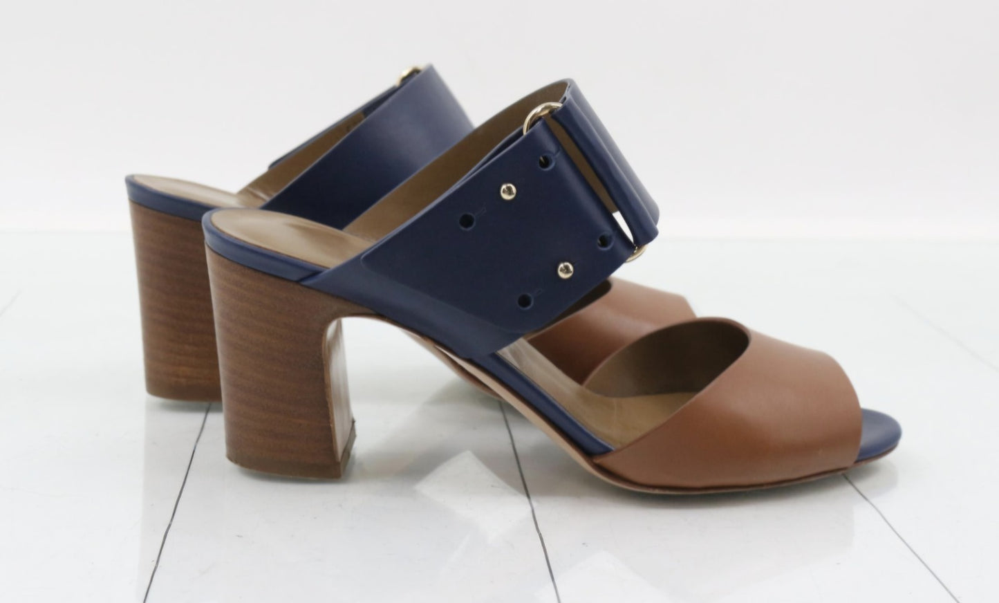 Hermès Calf Leather Sandals Brown Navy Blue