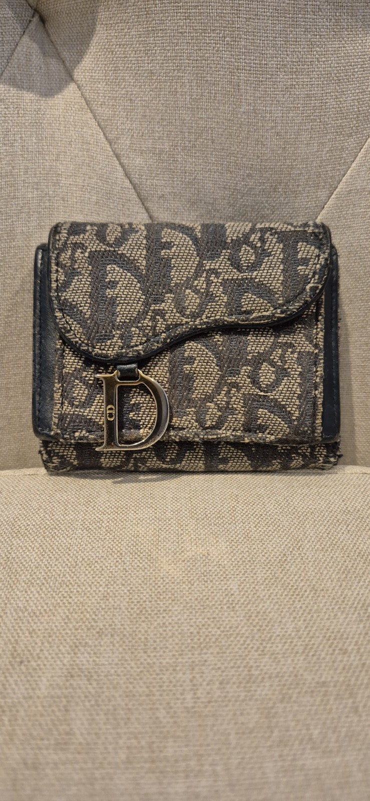 Dior Trotter Canvas Saddle Trifold Wallet Leather Navy