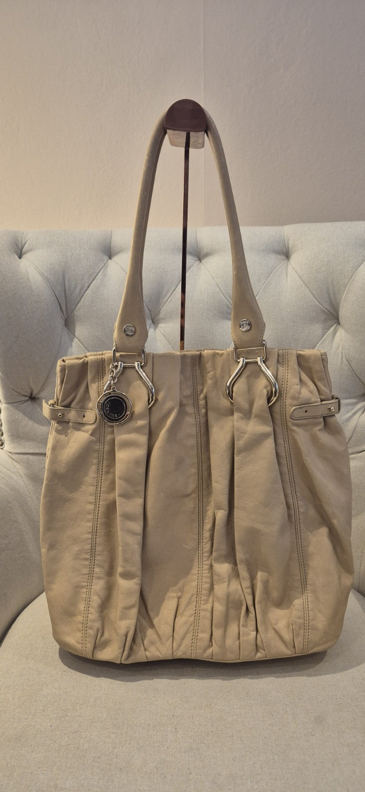 Authentic Pre Loved CELINE pleated Leather Tote Shoulder Bag Beige