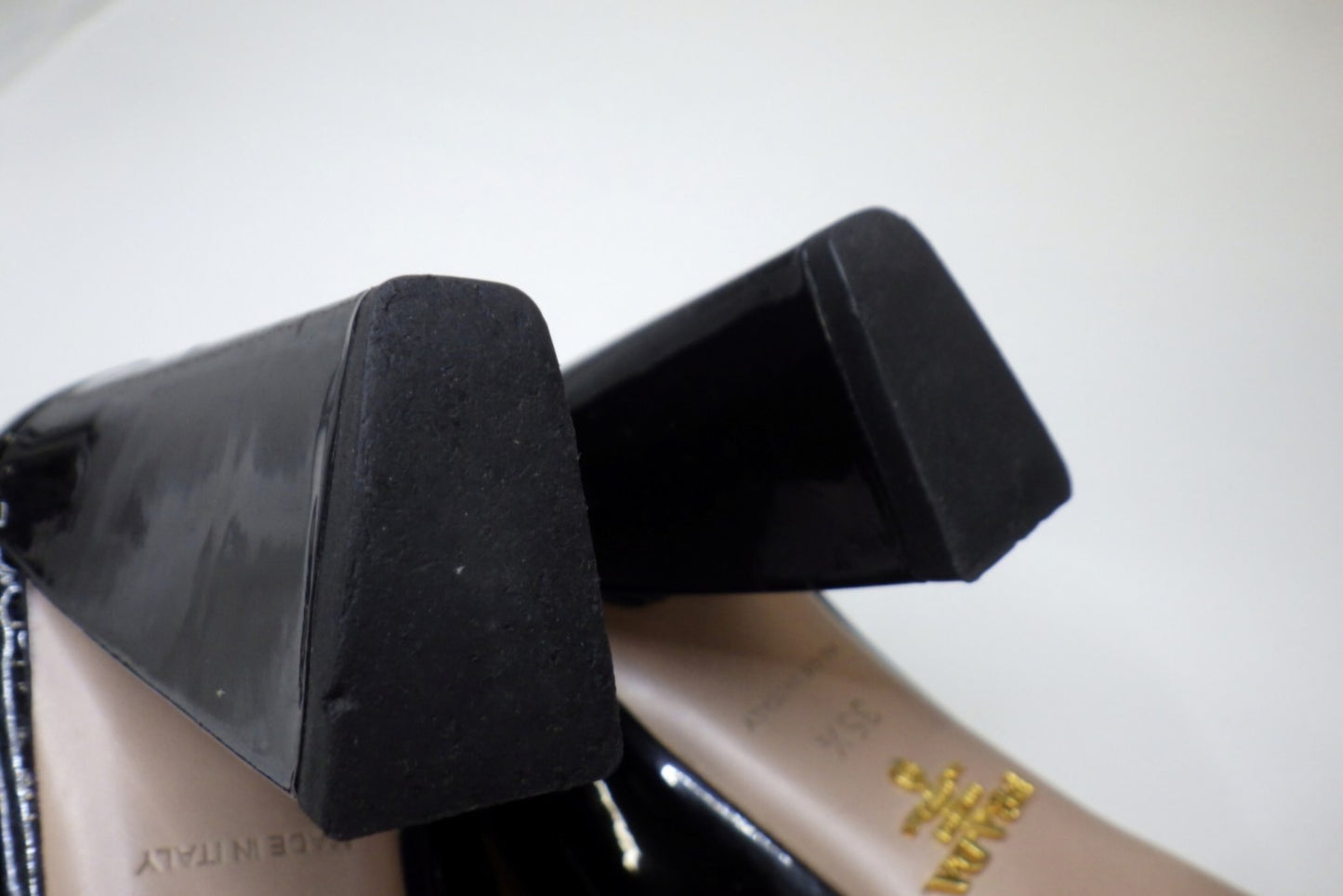 Prada Black Patent Button Block Heel Peep Toe Pumps Size 36.5