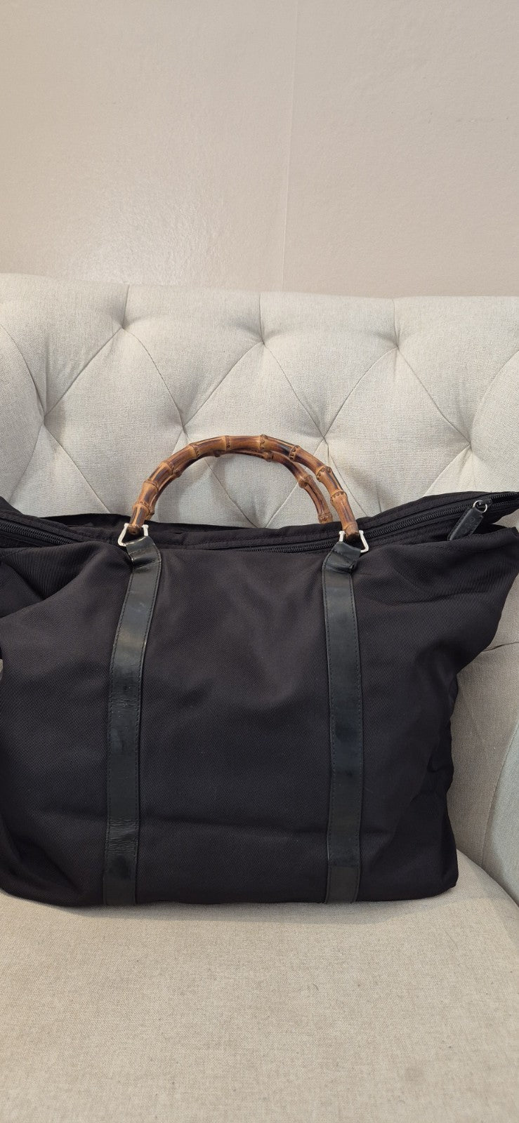 GUCCI Bamboo Tote Bag Nylon Leather Black Large Size Travel Bag