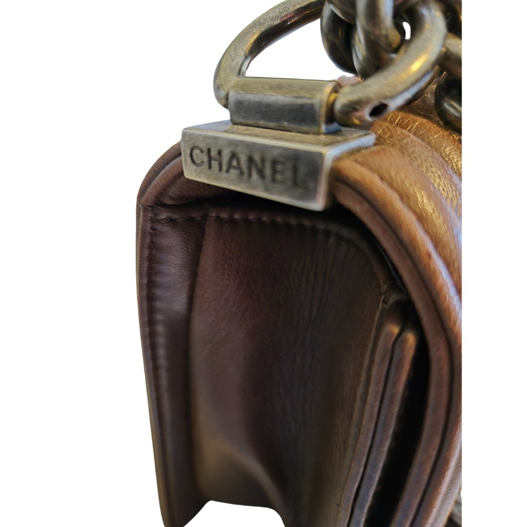 CHANEL BOY Bag in brown leather and goat hair small