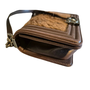 CHANEL BOY Bag in brown leather and goat hair small