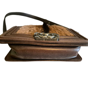 CHANEL BOY Bag in brown leather and goat hair small