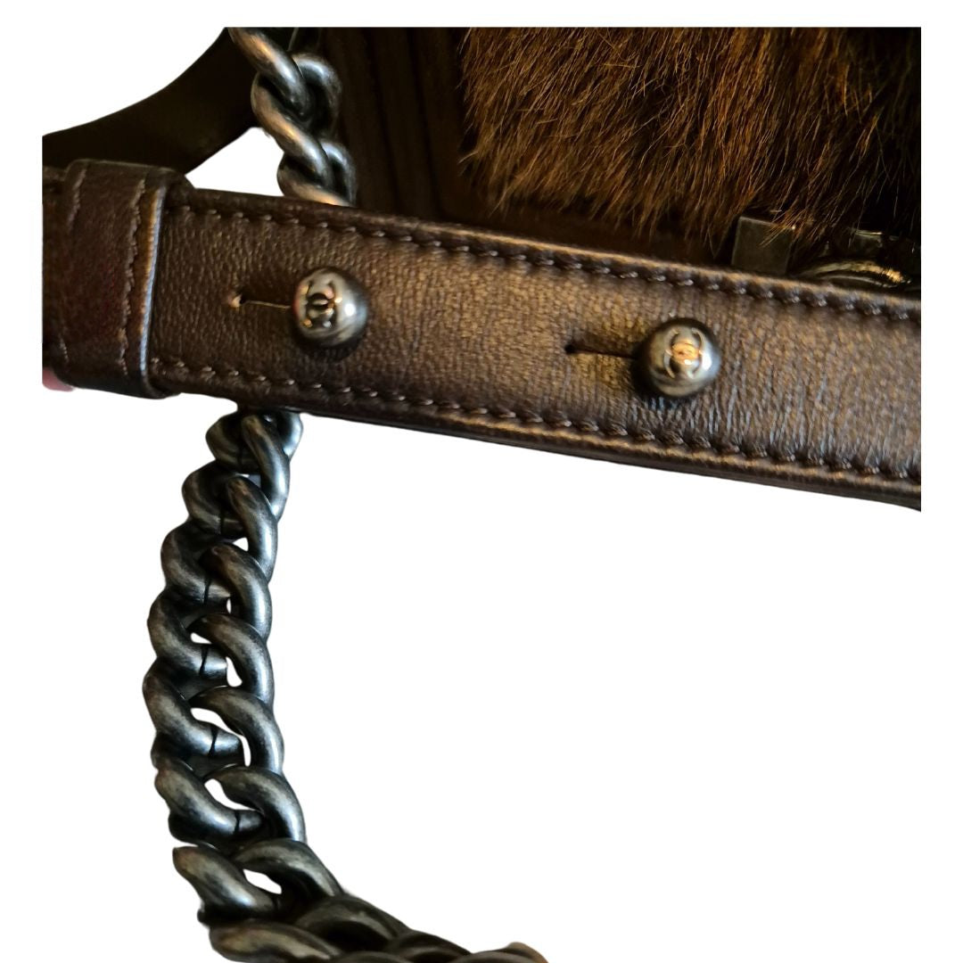 CHANEL BOY Bag in brown leather and goat hair small