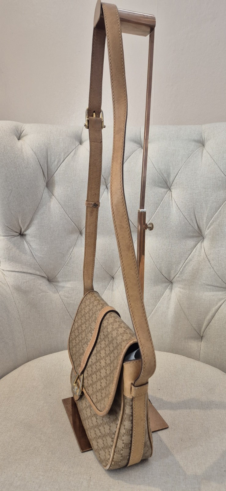 Celine Macadam Canvas Shoulder Bag PvC Beige Gold Womens