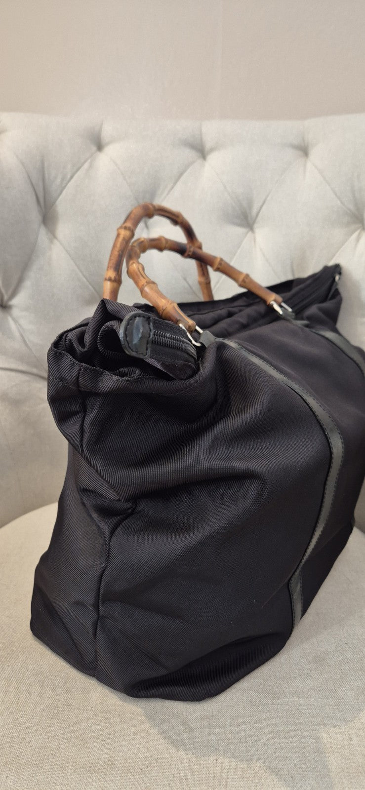 GUCCI Bamboo Tote Bag Nylon Leather Black Large Size Travel Bag