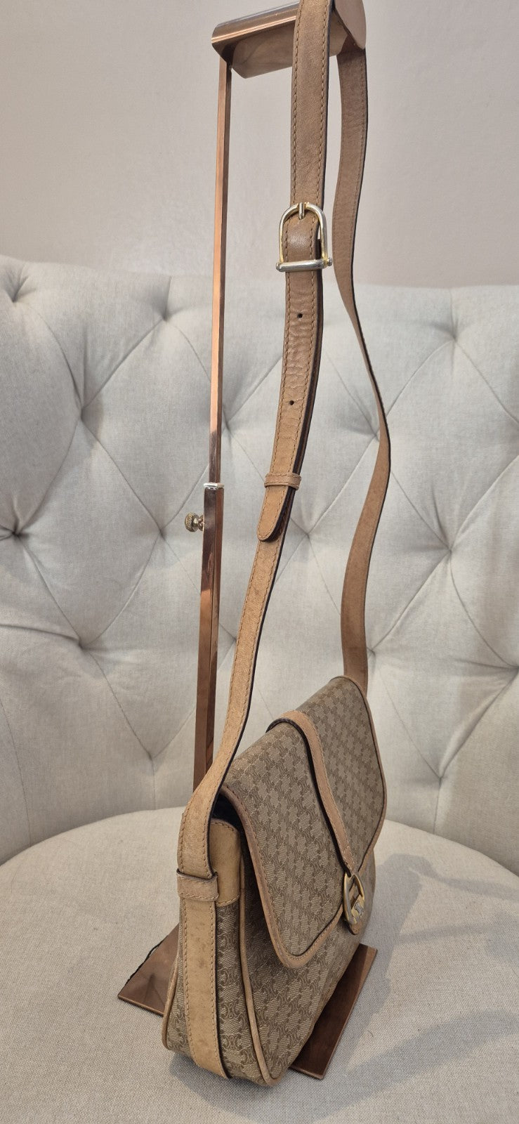 Celine Macadam Canvas Shoulder Bag PvC Beige Gold Womens