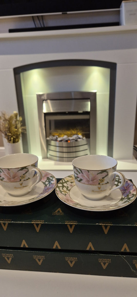 Giovanni Valentino Italy 2 Pairs of Porcelain Cup and Saucer Set In Box Unused