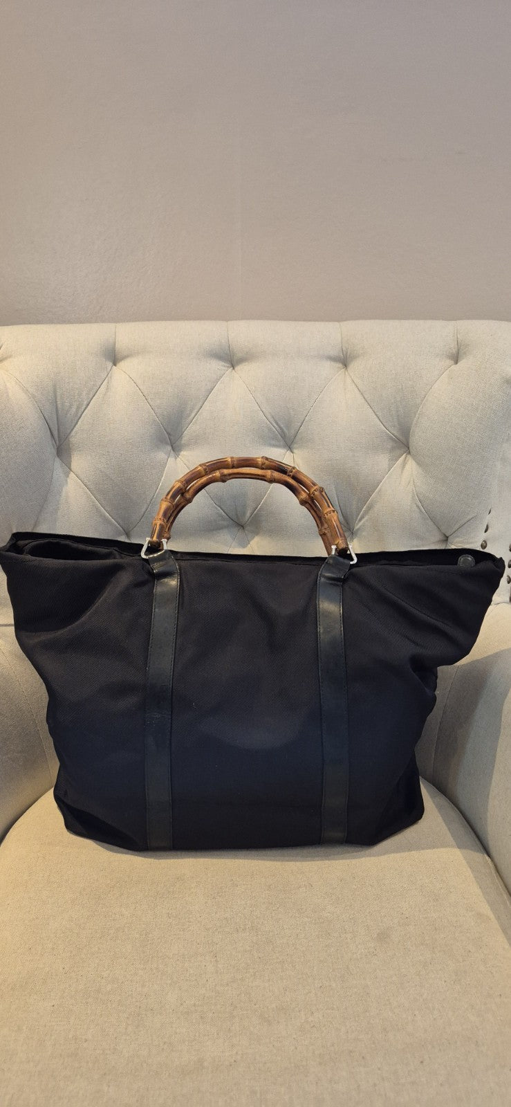 GUCCI Bamboo Tote Bag Nylon Leather Black Large Size Travel Bag