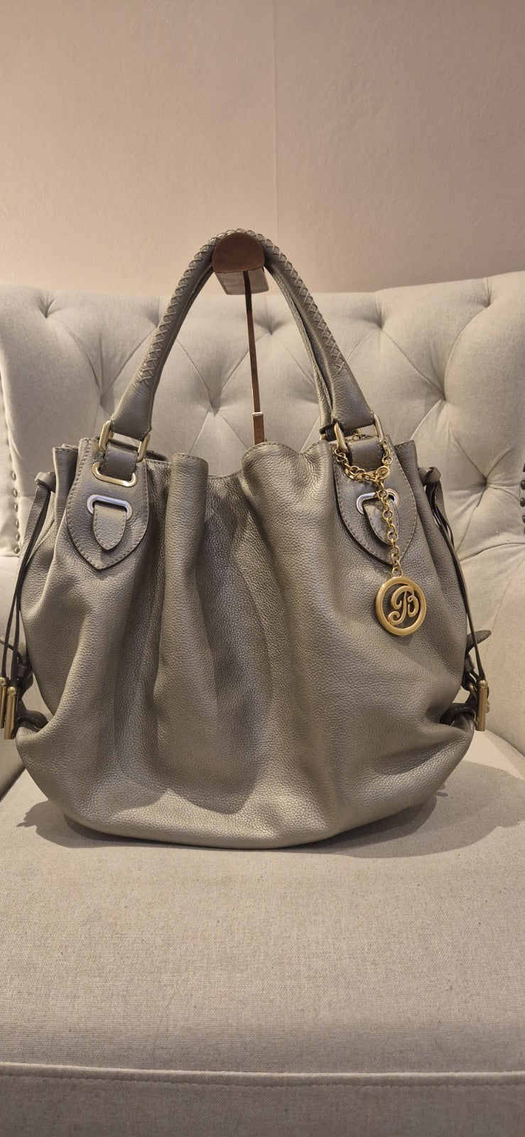 Bally Metallic Leather Logo Charm Hobo Tote Womens Bag