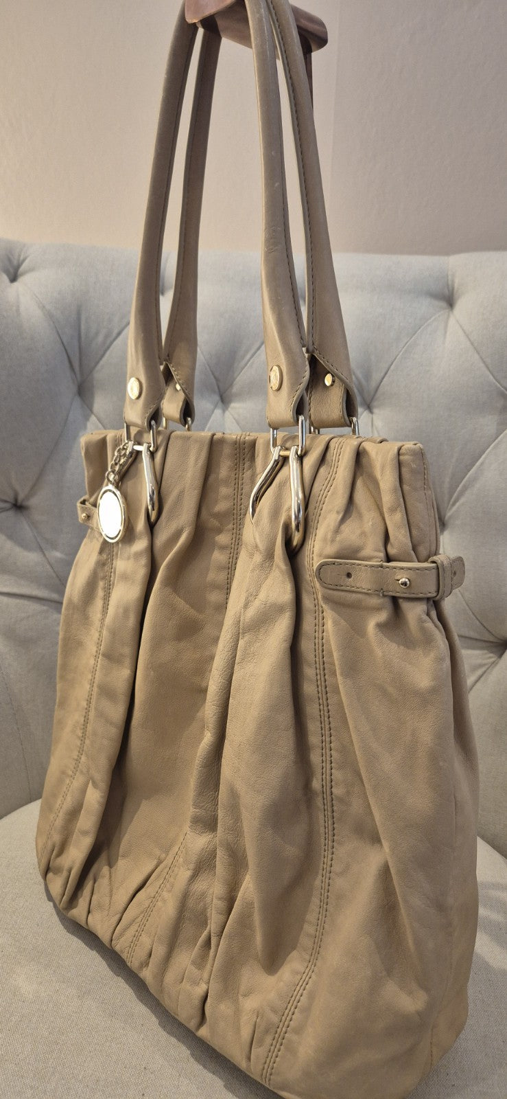 Authentic Pre Loved CELINE pleated Leather Tote Shoulder Bag Beige