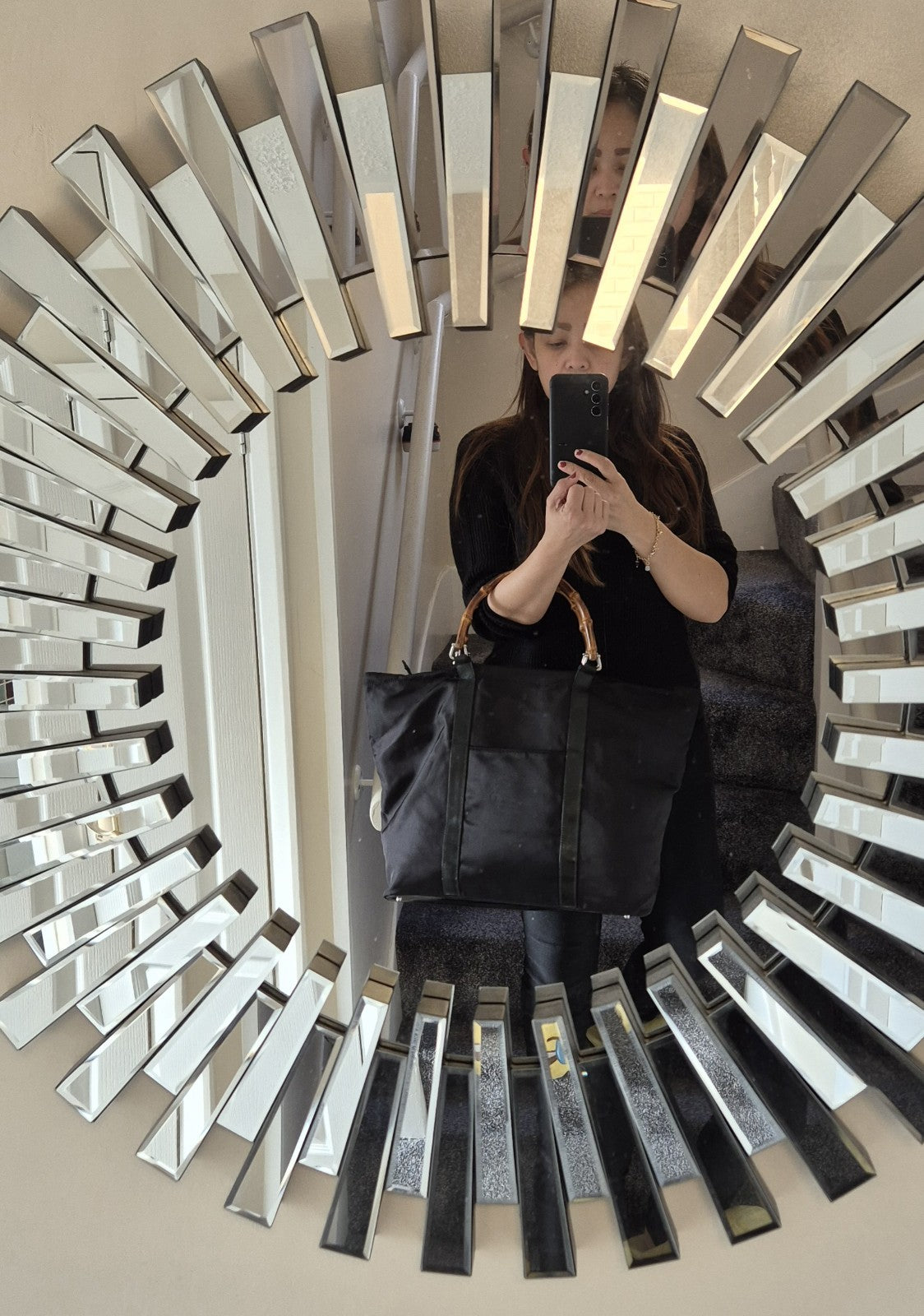 GUCCI Bamboo Tote Bag Nylon Leather Black Large Size Travel Bag