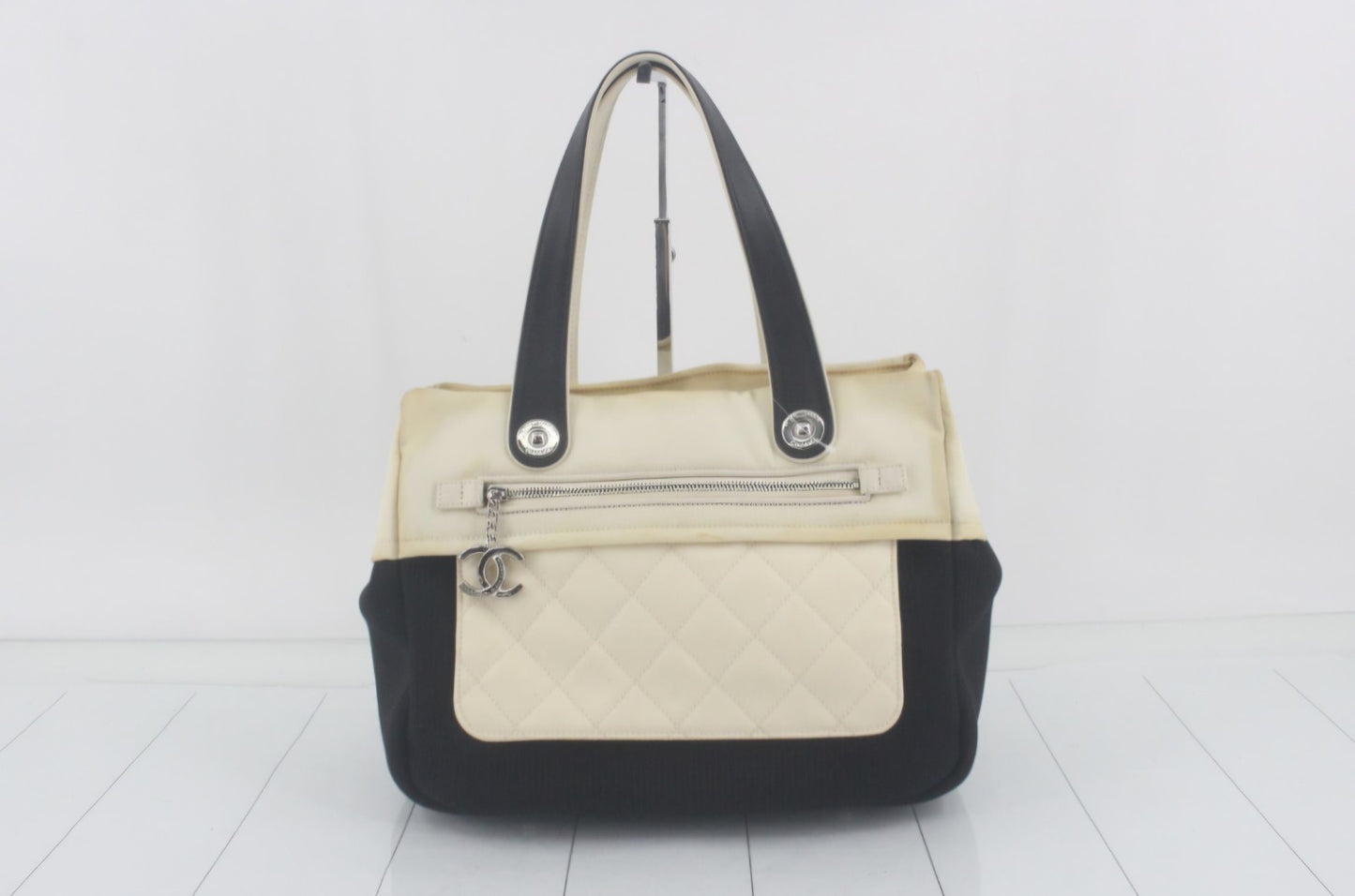 Auth CHANEL Paris Biarritz Tote Black  Beige Coated Canvas Leather Handbag