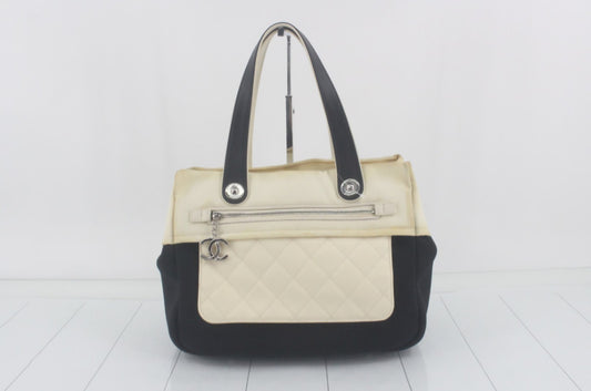 Auth CHANEL Paris Biarritz Tote Black  Beige Coated Canvas Leather Handbag