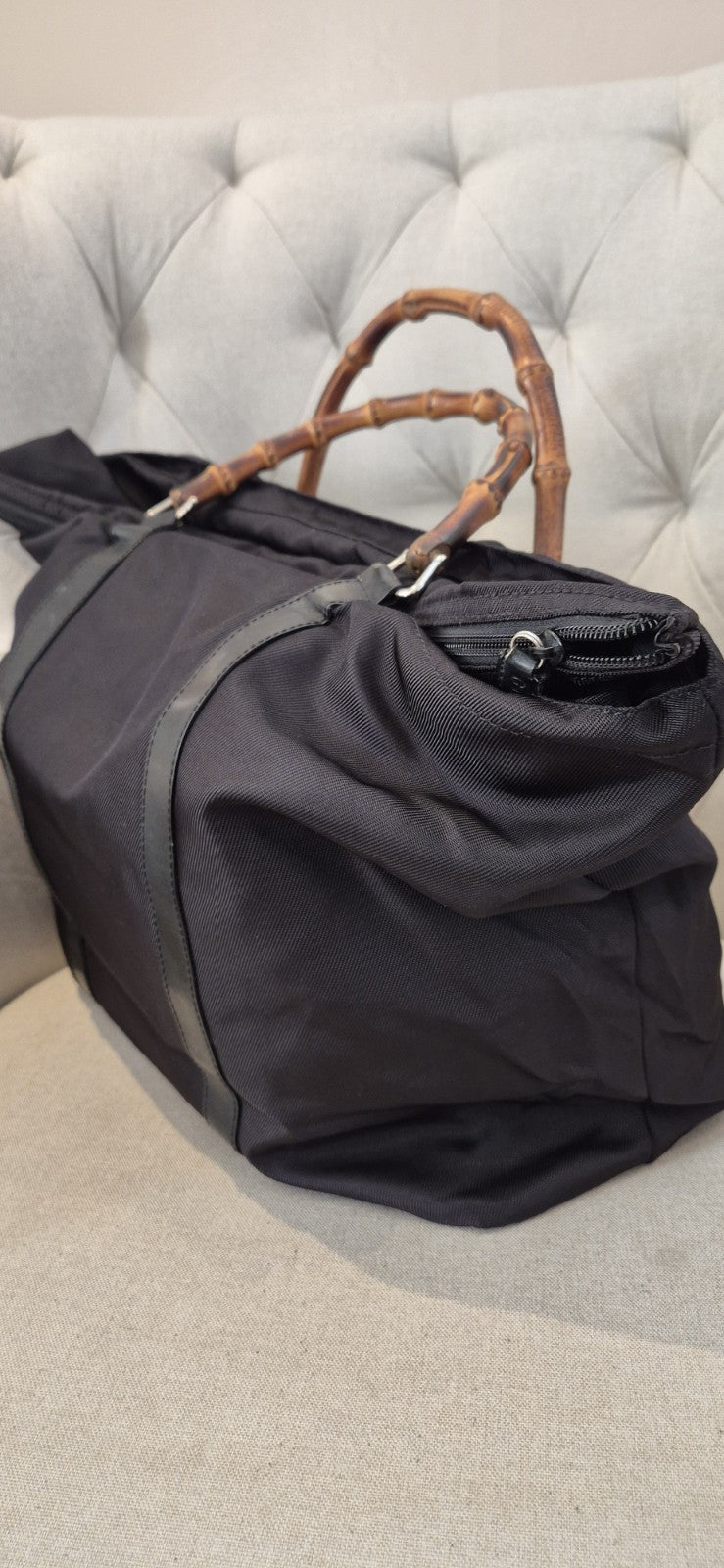 GUCCI Bamboo Tote Bag Nylon Leather Black Large Size Travel Bag