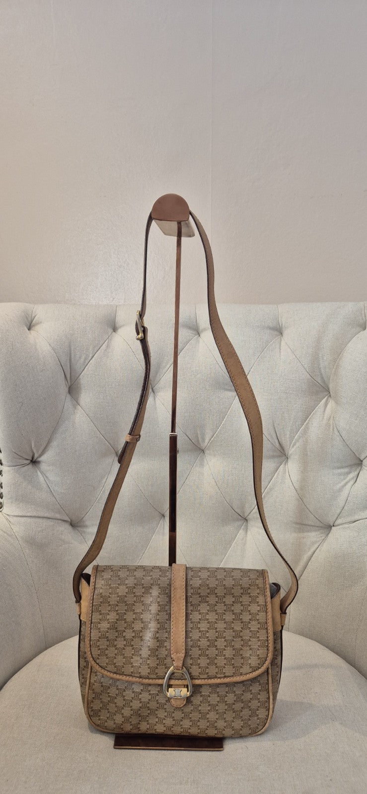 Celine Macadam Canvas Shoulder Bag PvC Beige Gold Womens