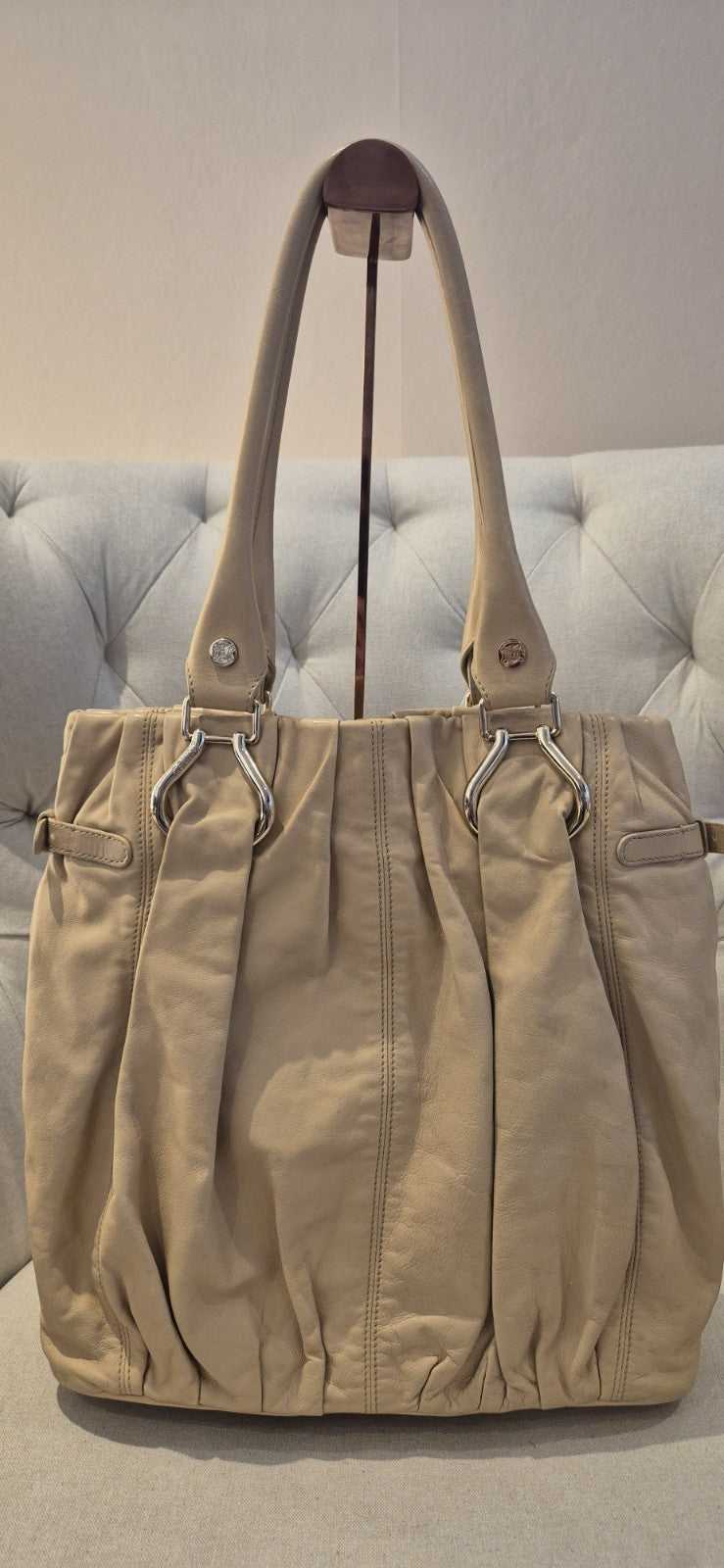 Authentic Pre Loved CELINE pleated Leather Tote Shoulder Bag Beige